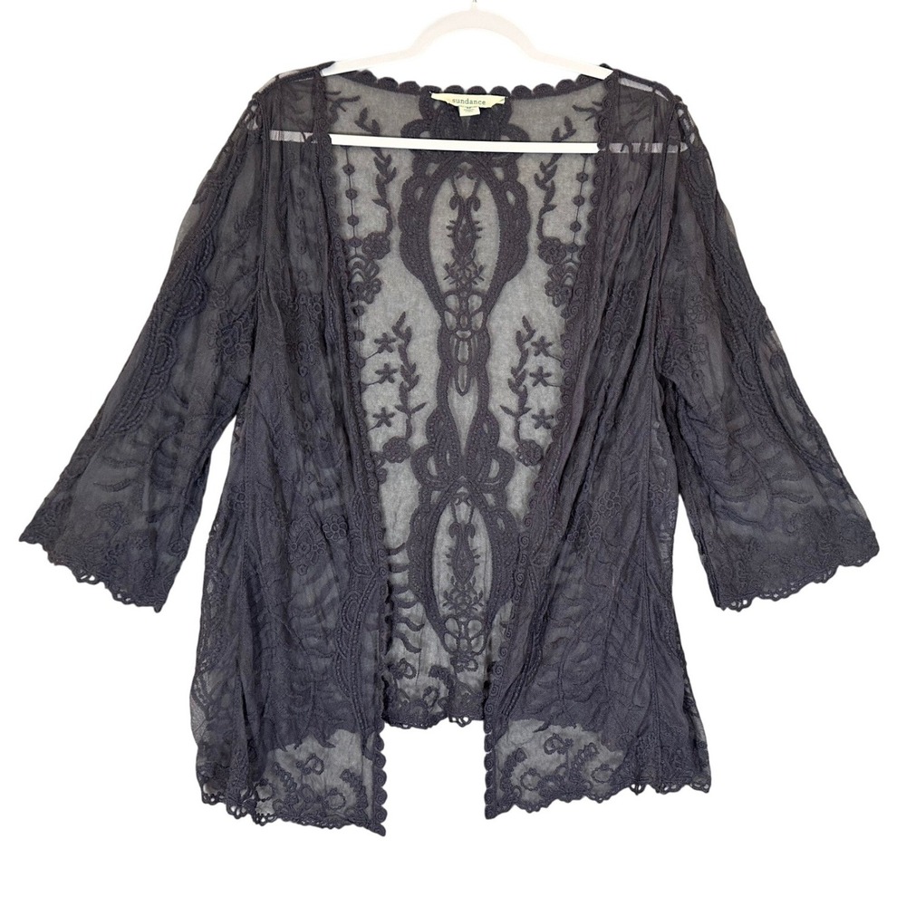 Sundance Mavis Embroidered Lace Kimono Cardigan Sz M Grey Sheer Open Ethereal